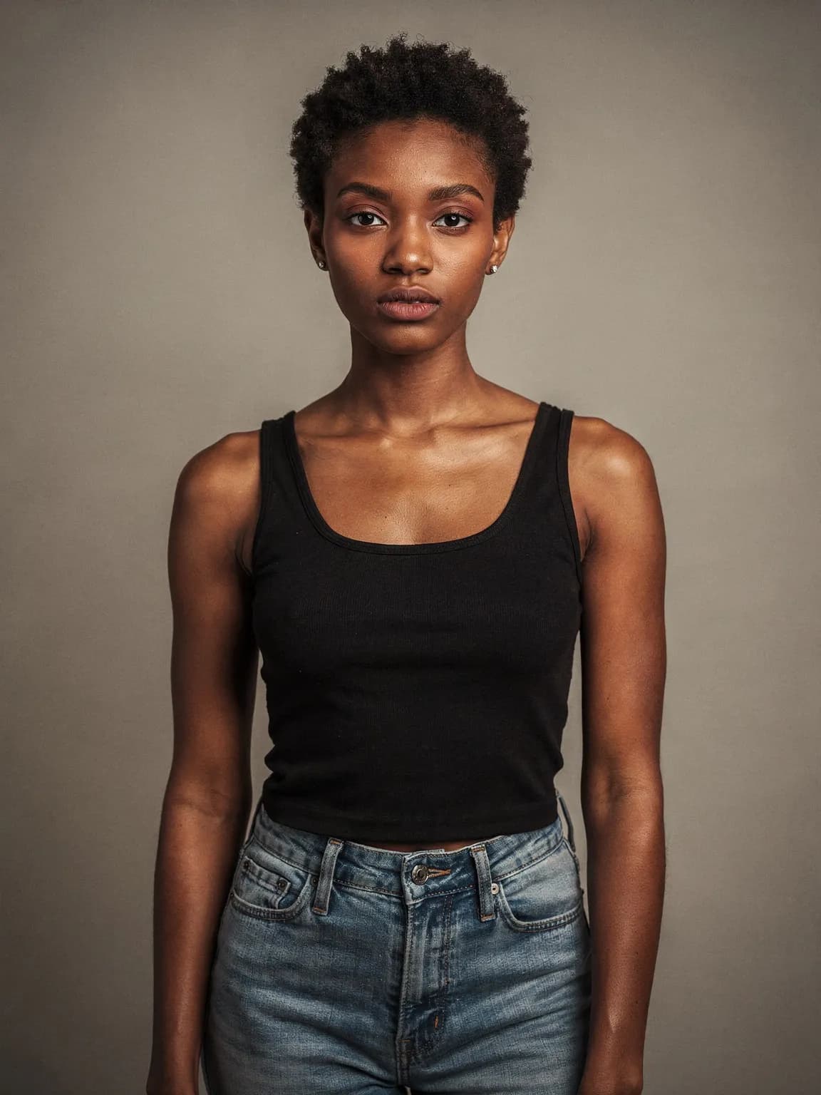 Example profile photo: a model in a black tank top and jeans against a warm grey studio wall